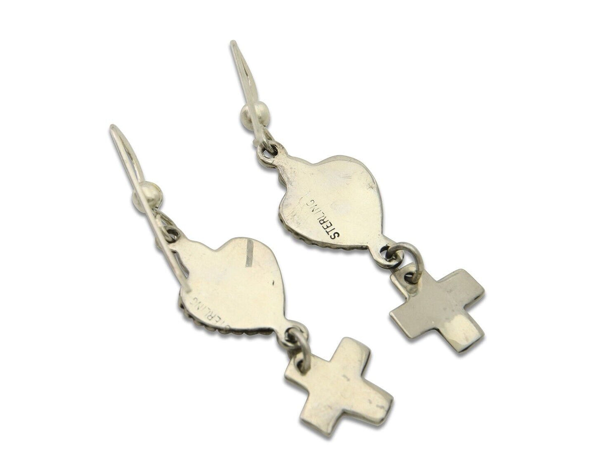 Navajo Earrings 925 Silver Heart Cross Natural Onyx Native American Artist C.80s