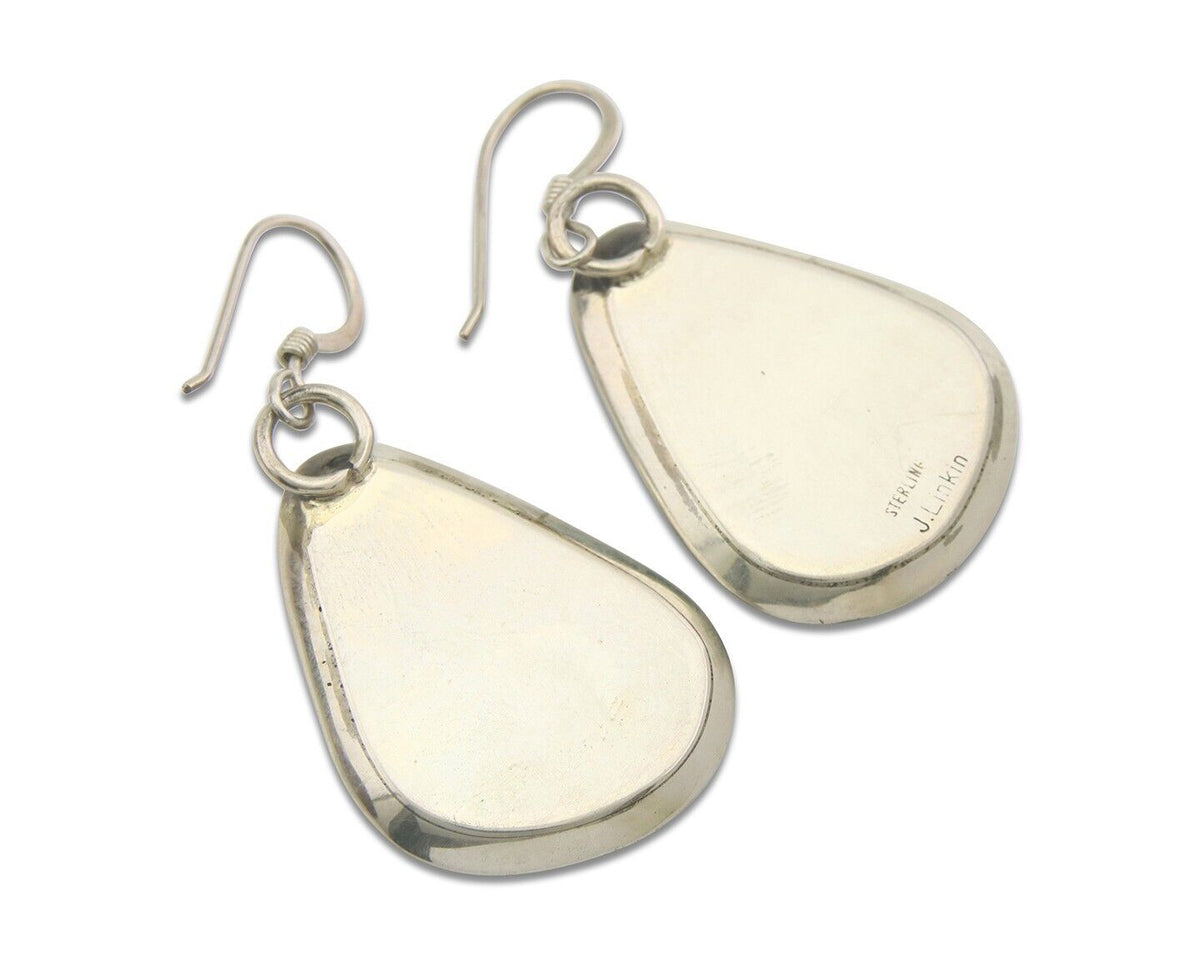 Navajo Earrings 925 Silver Handmade Natural Turquoise Signed J Linkin C.80's
