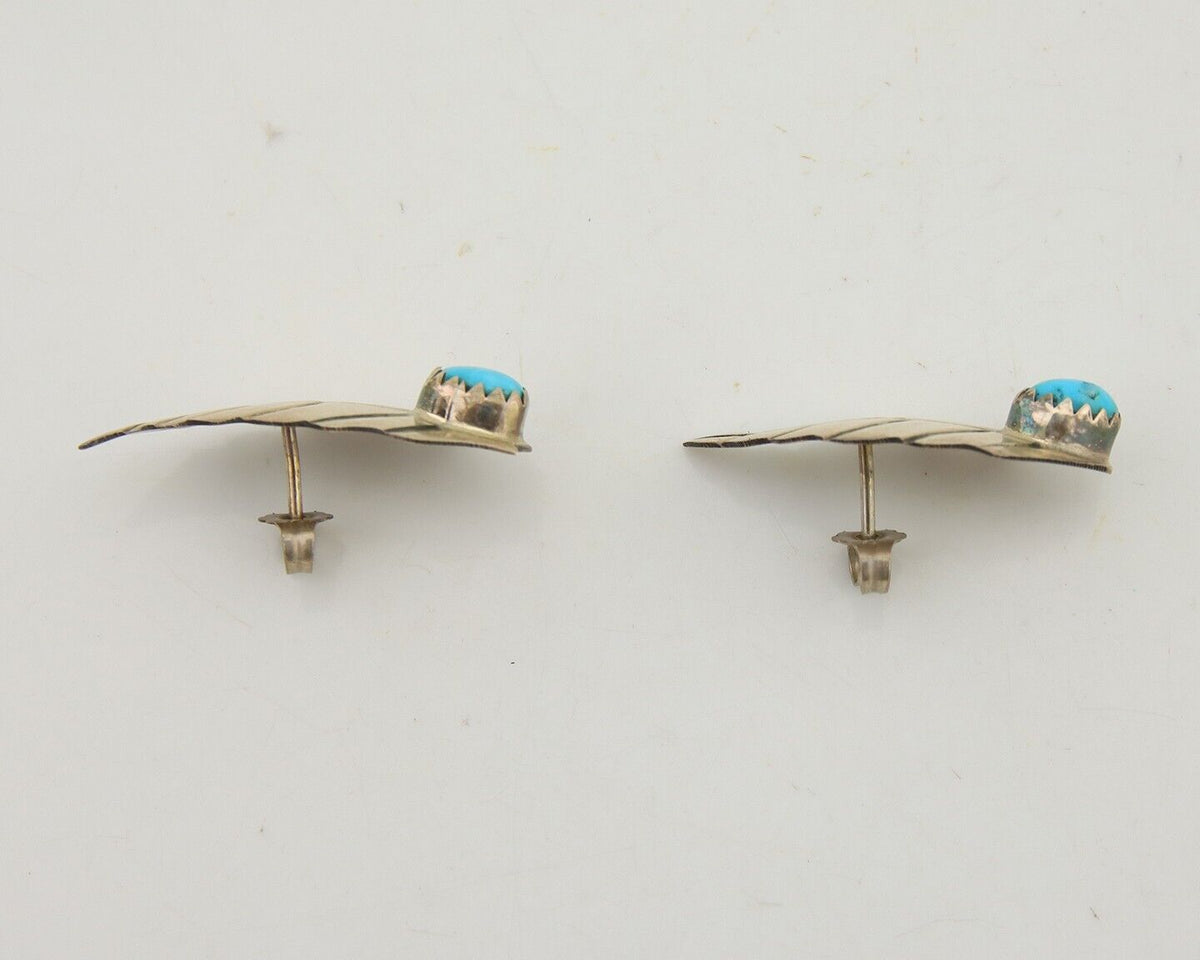 Navajo Earrings 925 Silver Natural Turquoise Artist Signed L-R Jake C.80's
