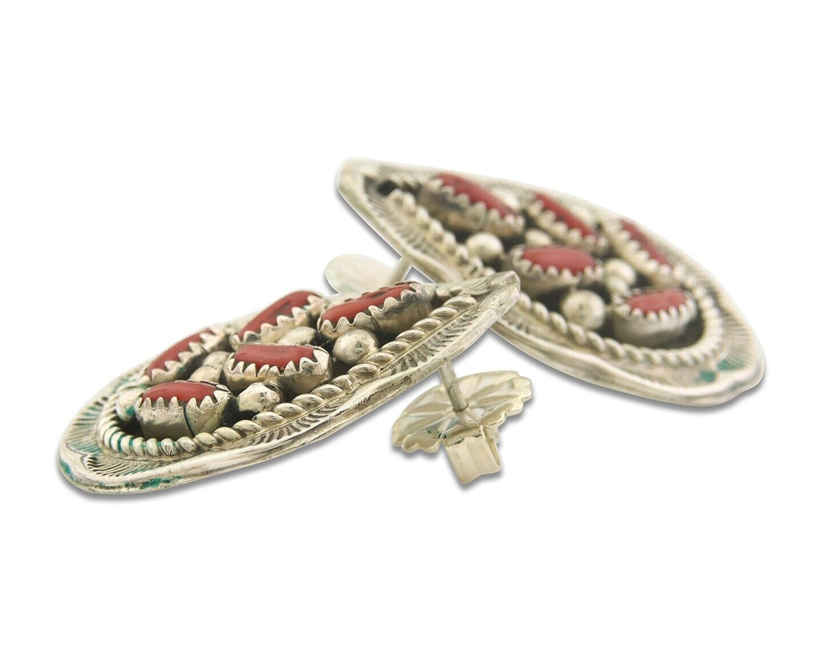 Navajo Earrings 925 Silver Natural Coral Native American Artist C.80's
