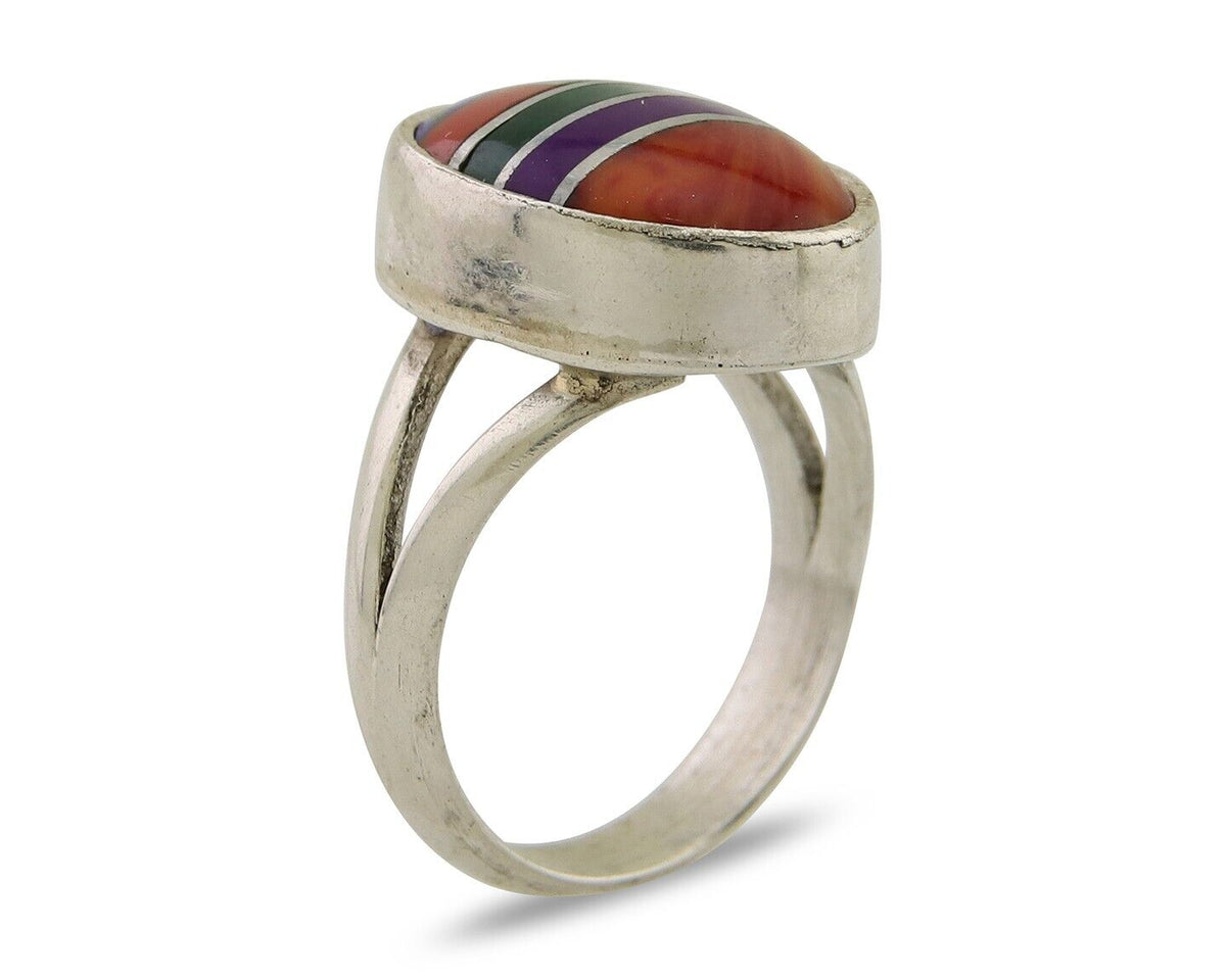 Navajo Ring 925 Sterling Silver Natural Gemstones Artist Signed Sunrise C.80's