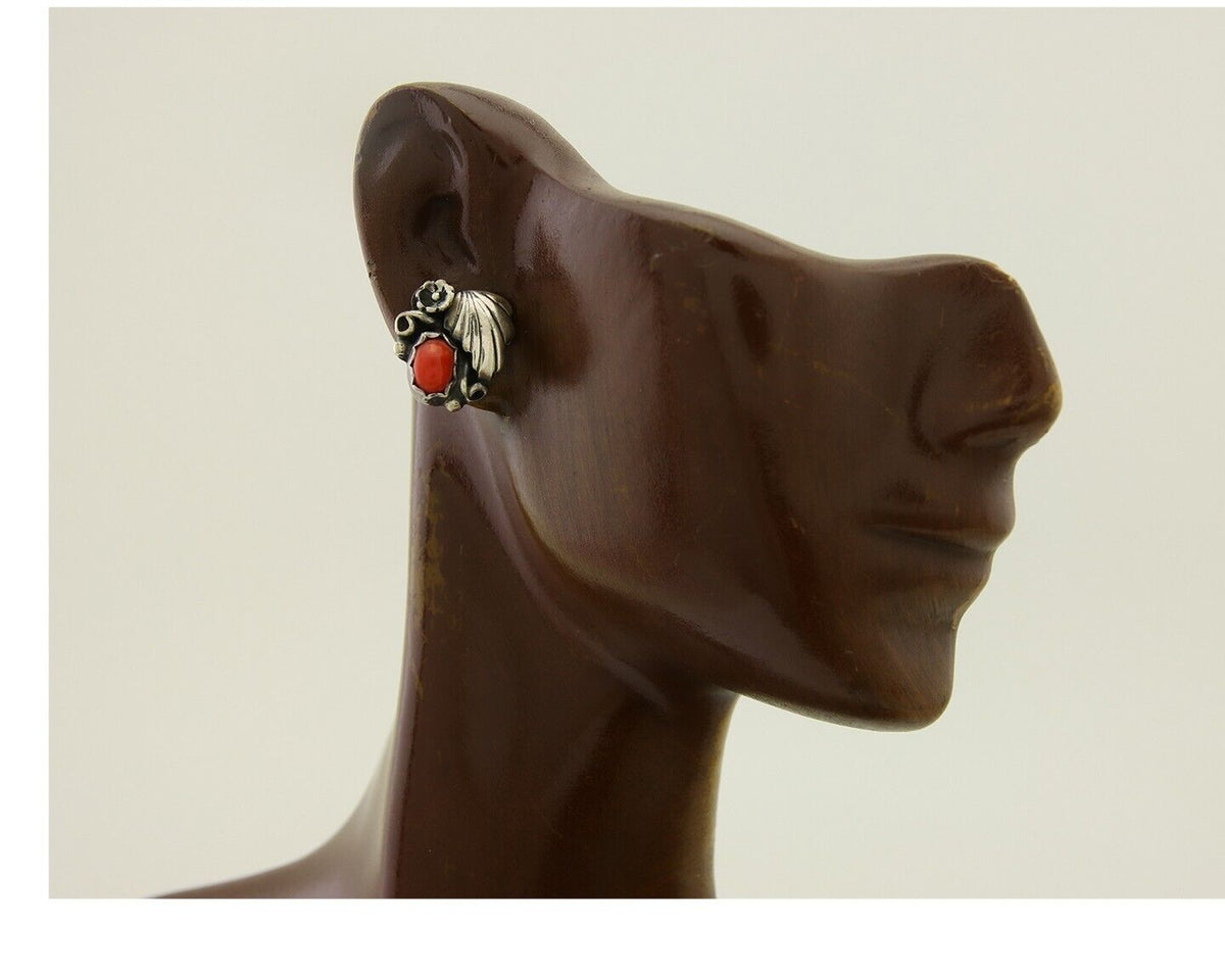 Navajo Earrings 925 Silver Natural Red Coral Native American Artist C.80's