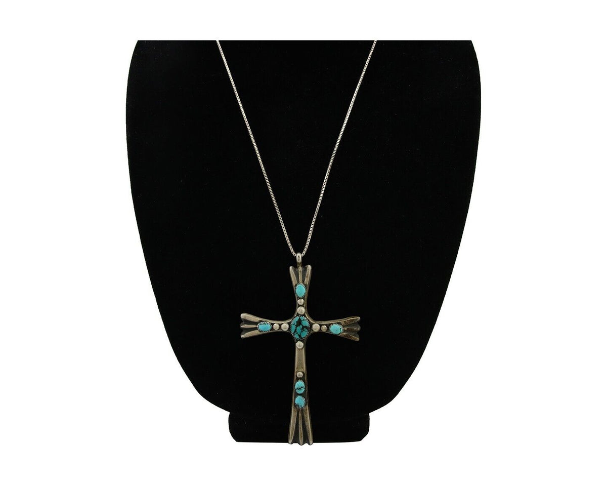 Navajo Sand Cast Cross Pendant 925 Silver Turquoise Signed RJ SILVERSMITHS C.80s
