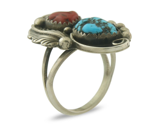 Vintage Navajo Ring 925 Sterling Natural Coral & Turquoise Native Artist Sz 7.25