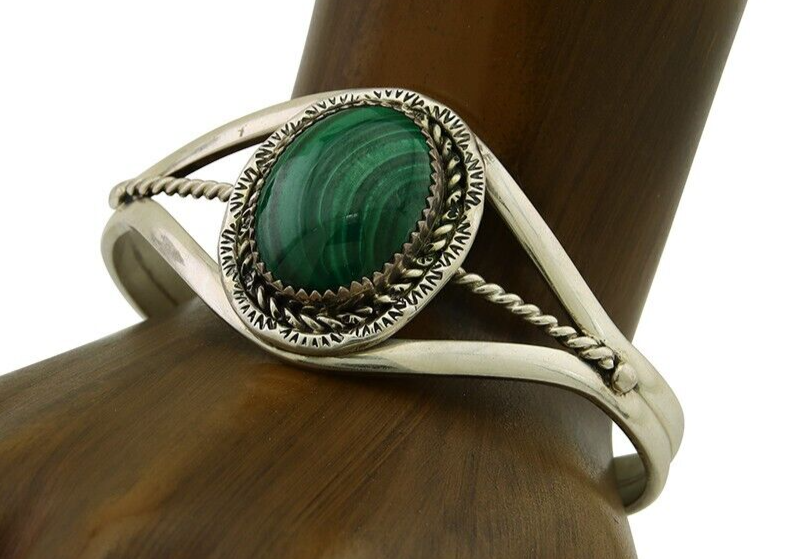 Navajo Cuff Bracelet Natural Malachite 925 Silver Native American Artist C.80s