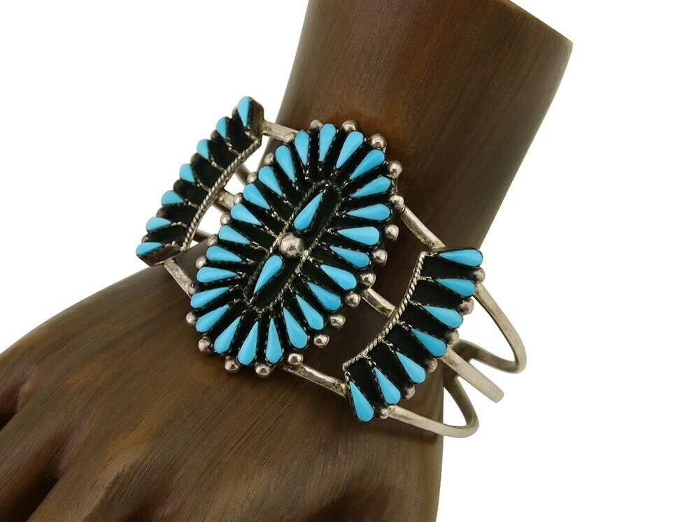 Men Navajo Bracelet 925 Silver Natural Blue Turquoise Signed Benson Yazzie C80s