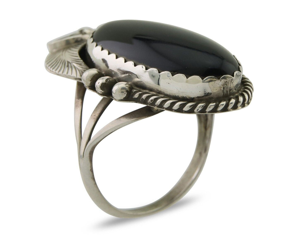 Navajo Handmade Ring 925 Silver Black Onyx Artist Signed Justin Morris C.80's