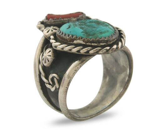 Vintage Navajo Ring 925 Sterling Turquoise & Coral Native Artist C.80's Sz 9.75