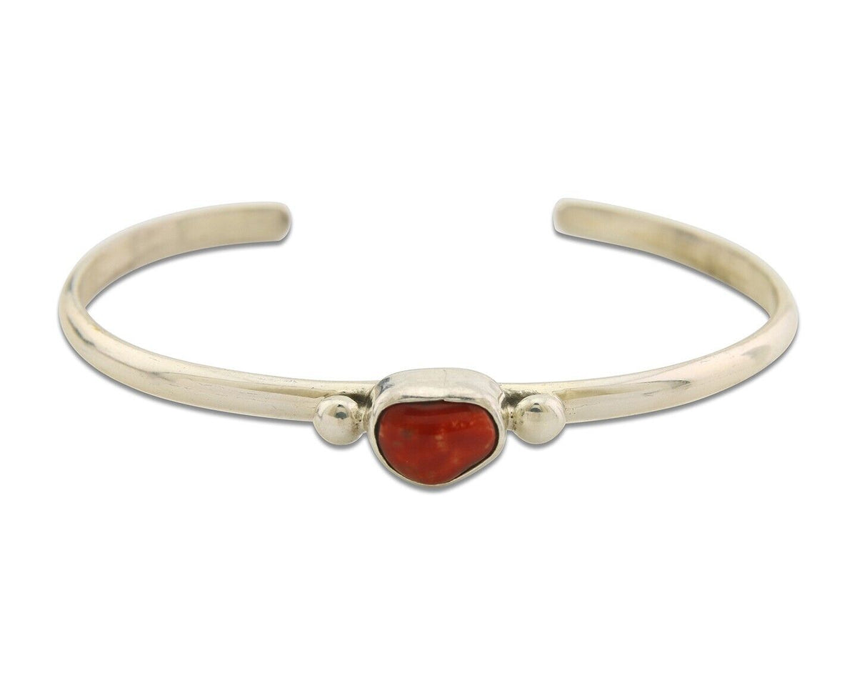 Navajo Bracelet .925 Silver Natural Red Coral Cuff Native American Artist C.80's