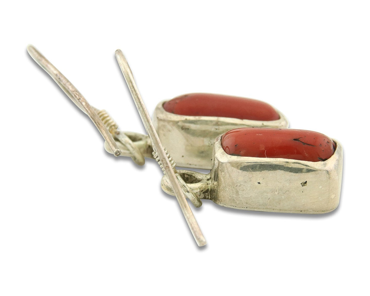Navajo Dangle Earrings 925 Silver Natural Inlaid Coral Native American C.80's