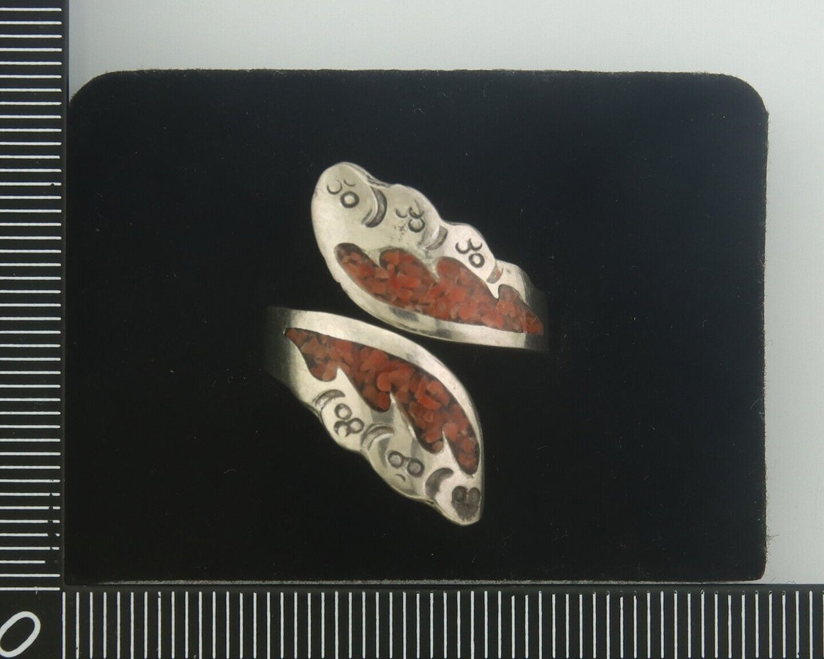 Navajo Ring 925 Silver Inlaid Natural Coral Native Artist C.80's Size 7.0