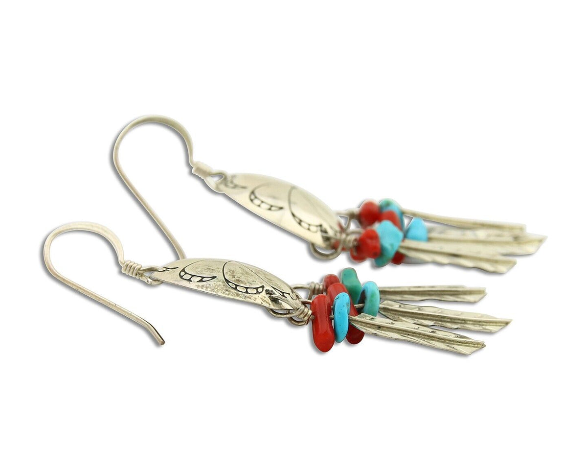 Navajo Earrings 925 Silver Turquoise & Coral Native American Artist C.80's
