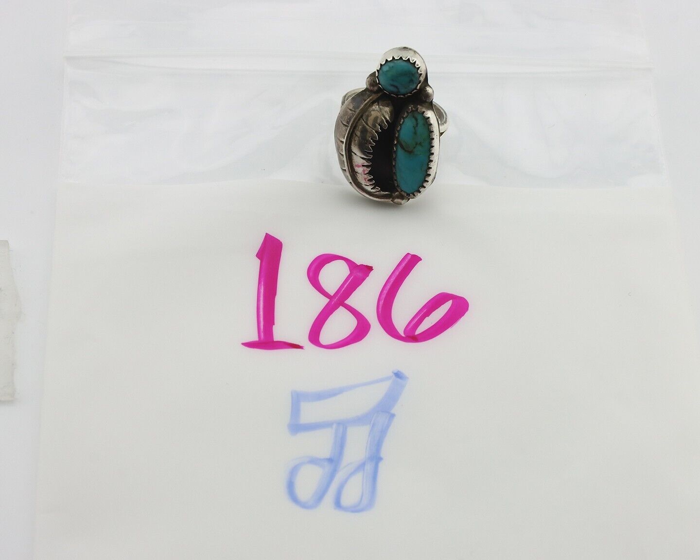 Navajo 2 Stone Ring 925 Silver Kingman Turquoise Native American Artist C.80's