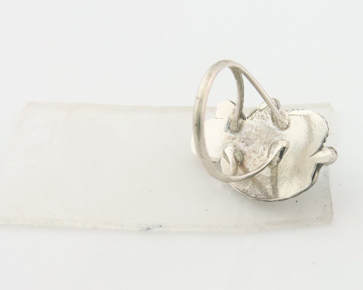 Navajo Ring 925 Sterling Natural Coral & Turquoise Signed EH C.80's Size 7.5