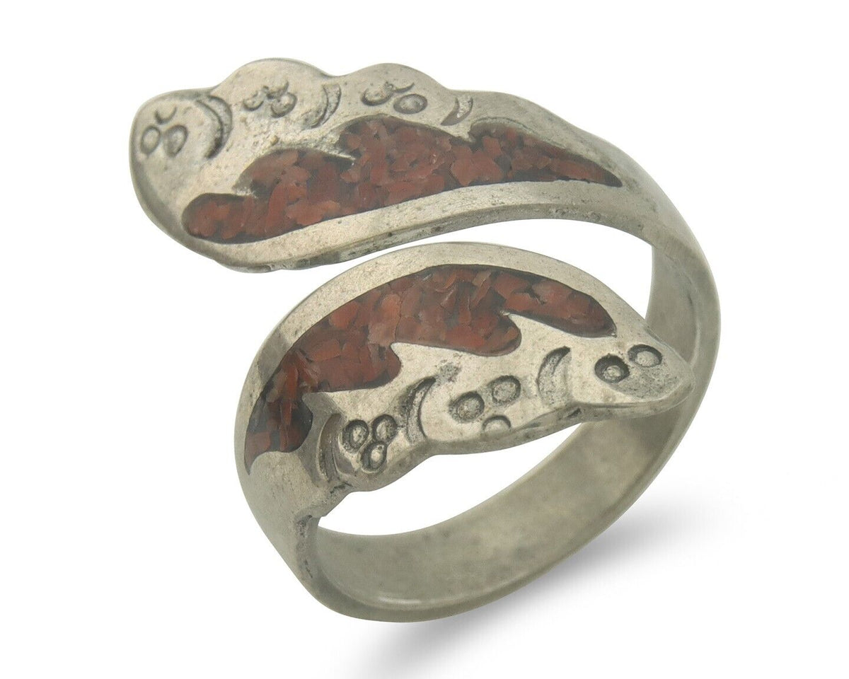 Navajo Ring 925 Silver Inlaid Natural Coral Native Artist C.80's Size 8.0
