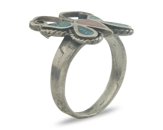 Navajo Ring 925 Silver Inlaid Butterfly Turquoise & Coral C.80's Size 5.5