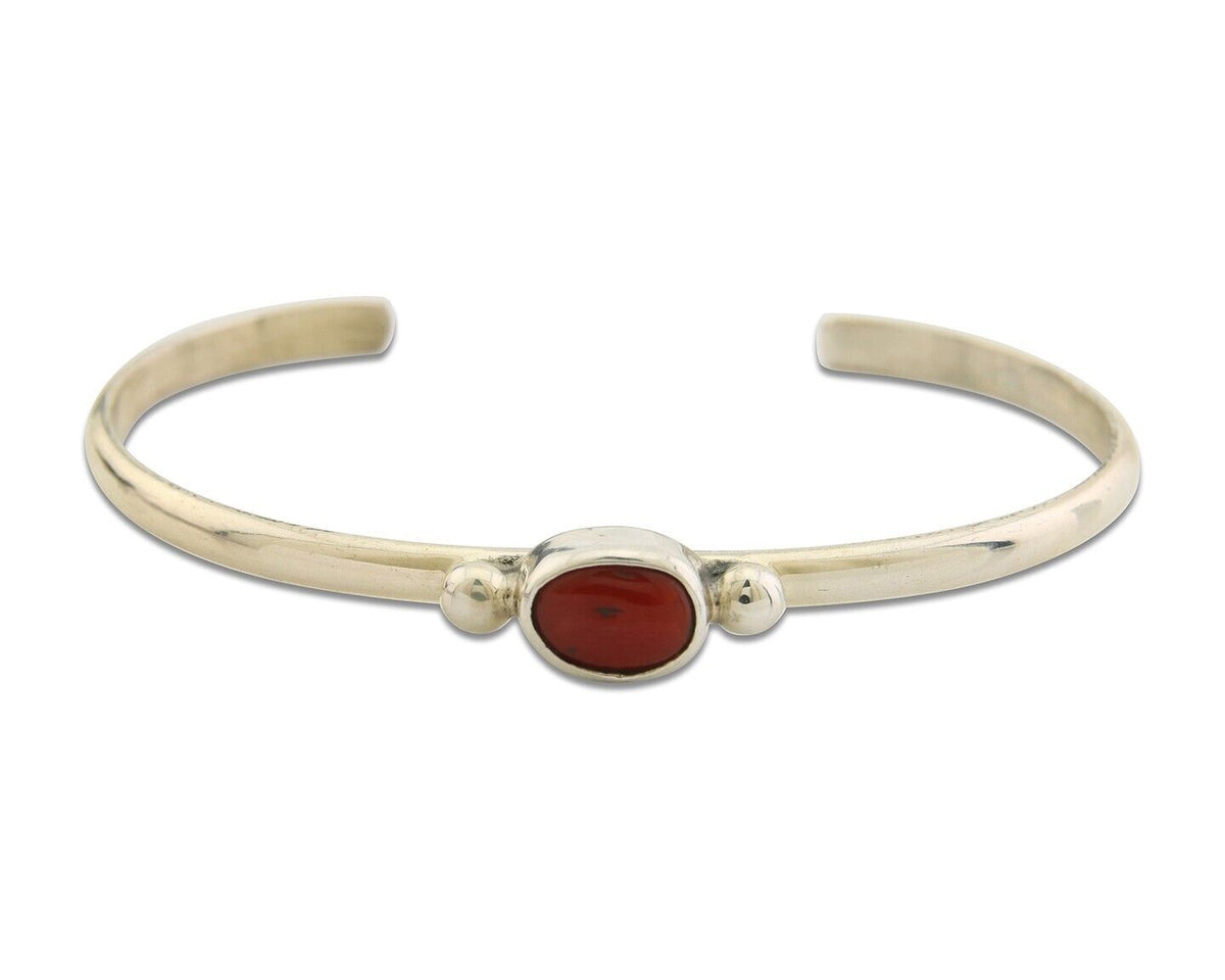 Navajo Bracelet .925 Silver Natural Red Coral Cuff Native American Artist C.80's
