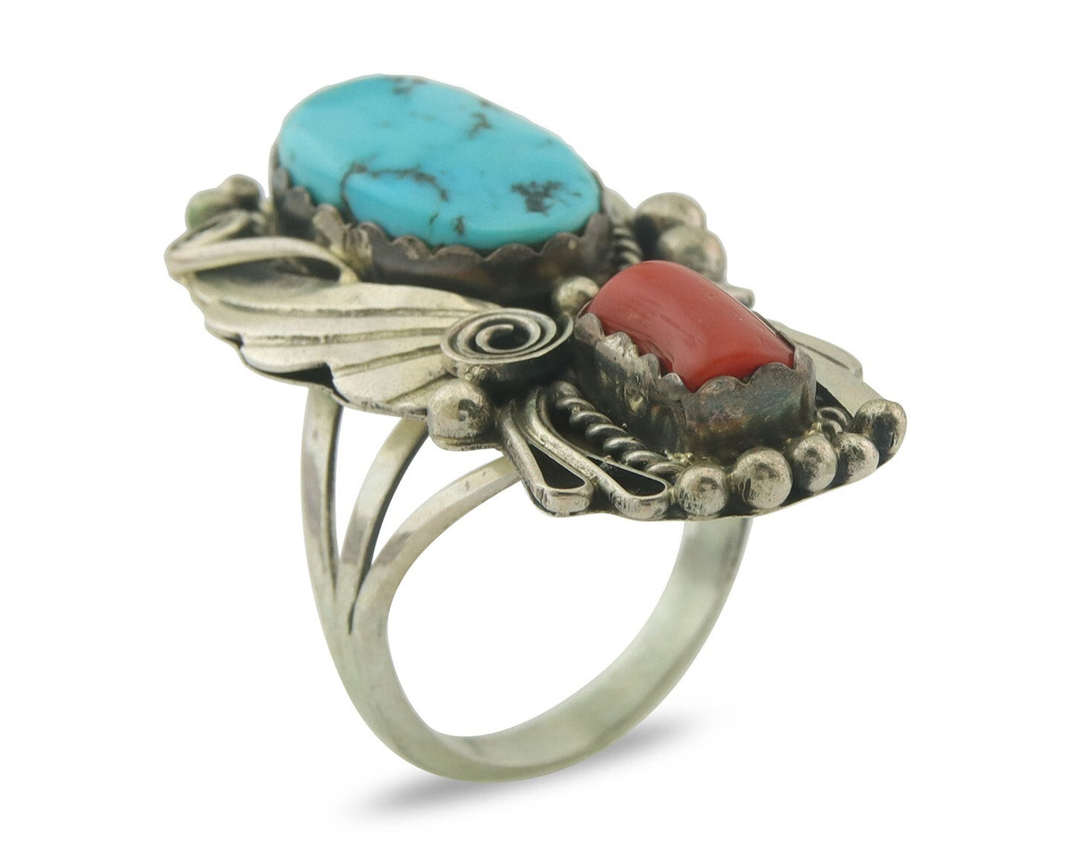 Navajo Ring 925 Sterling Natural Coral & Turquoise Signed JM C.80's Size 9.0