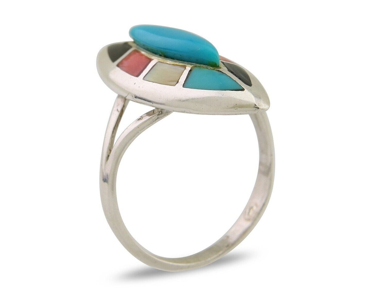 Navajo Ring 925 Silver Turquoise Shell Onyx Spiney Oyster Native Artist C80's