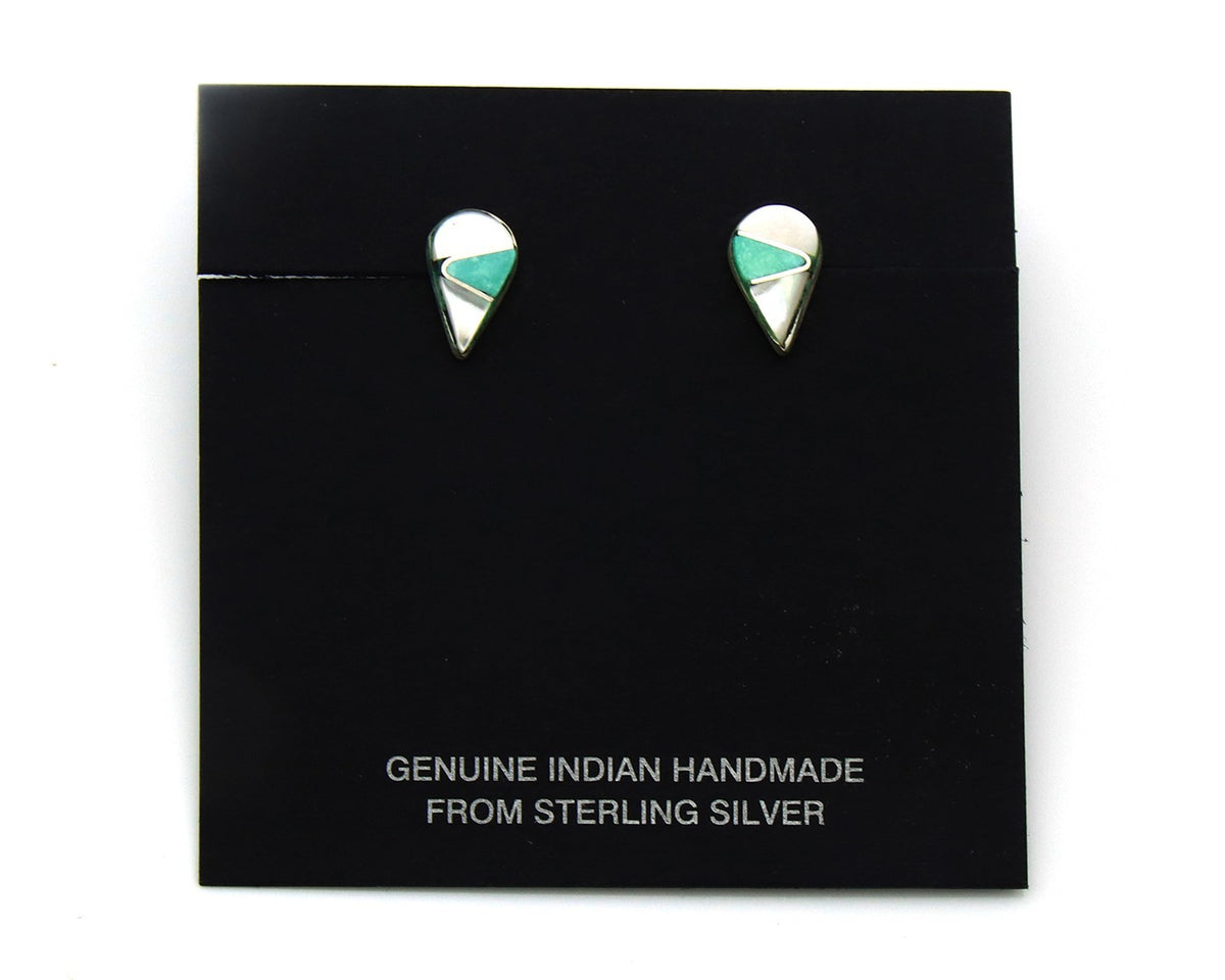 Navajo Earrings Sterling Silver Inlaid Turquoise & MOP Vintage Handmade