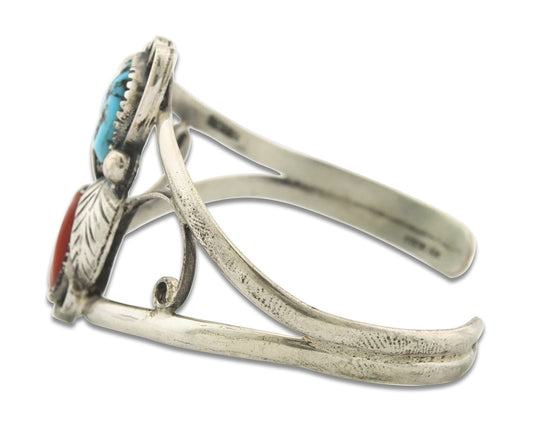 Vintage Navajo Bracelet 925 Silver Red Coral Turquoise Authentic