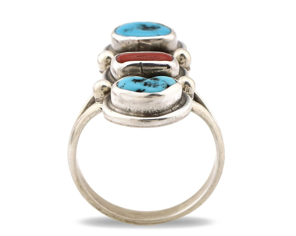 Navajo Ring 925 Silver Sleeping B Turquoise & Coral Native American Artist C.80s