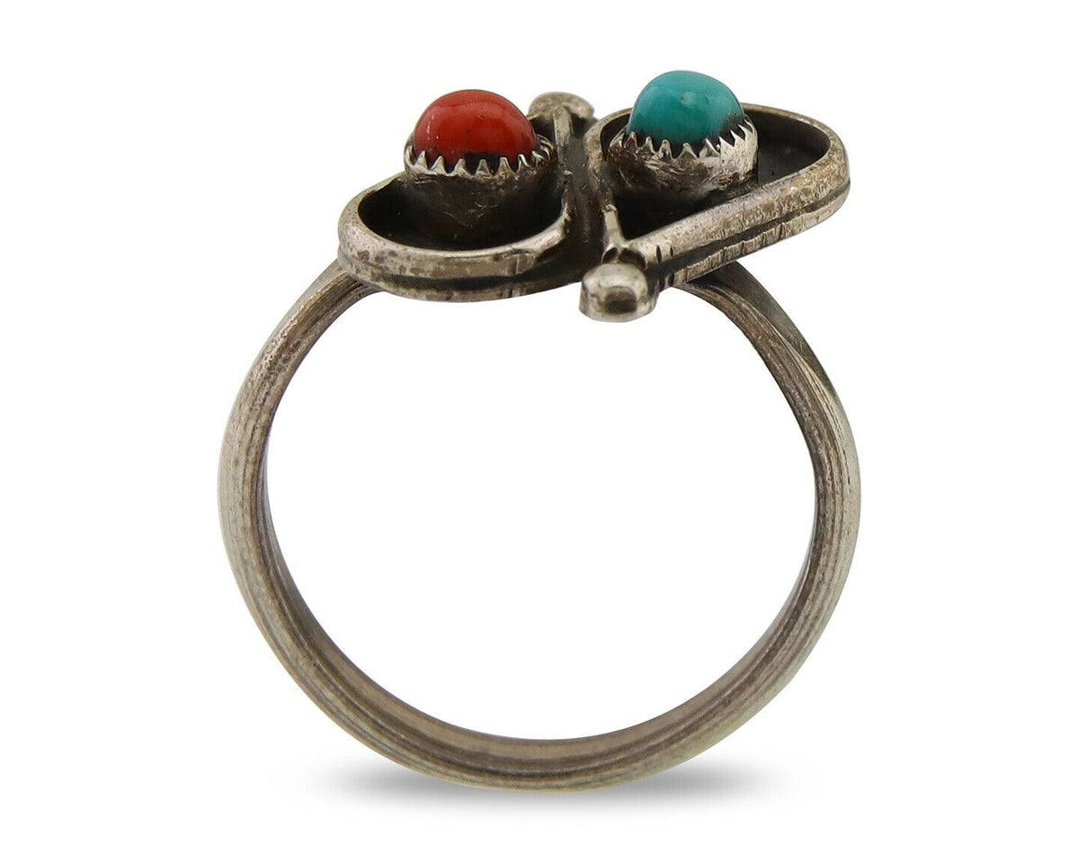Navajo Ring 925 Silver Turquoise & Coral Native American Artist C.80's