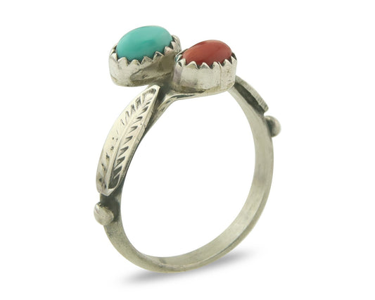 Vintage Navajo Band 925 Sterling Turquoise & Coral Native Artist Size 8.5