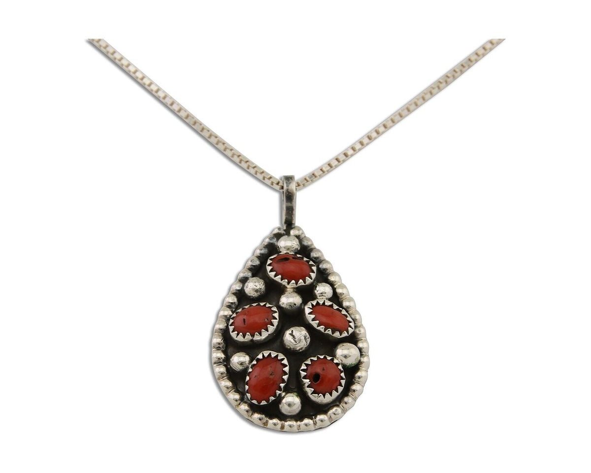 Large Navajo Necklace 925 Silver Mediterranean Coral Artist Signed JR C.80's