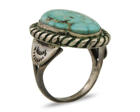 Men Navajo Ring 925 Silver Natural Slab Turquoise Signed Sunset C.80's