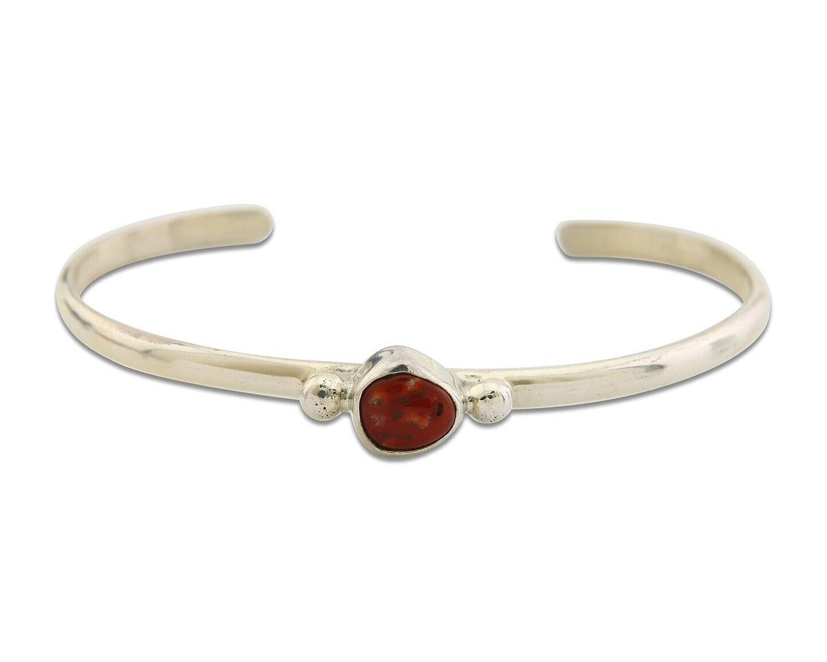 Navajo Bracelet .925 Silver Mediterranean Red Coral Cuff Native Artist C.80's