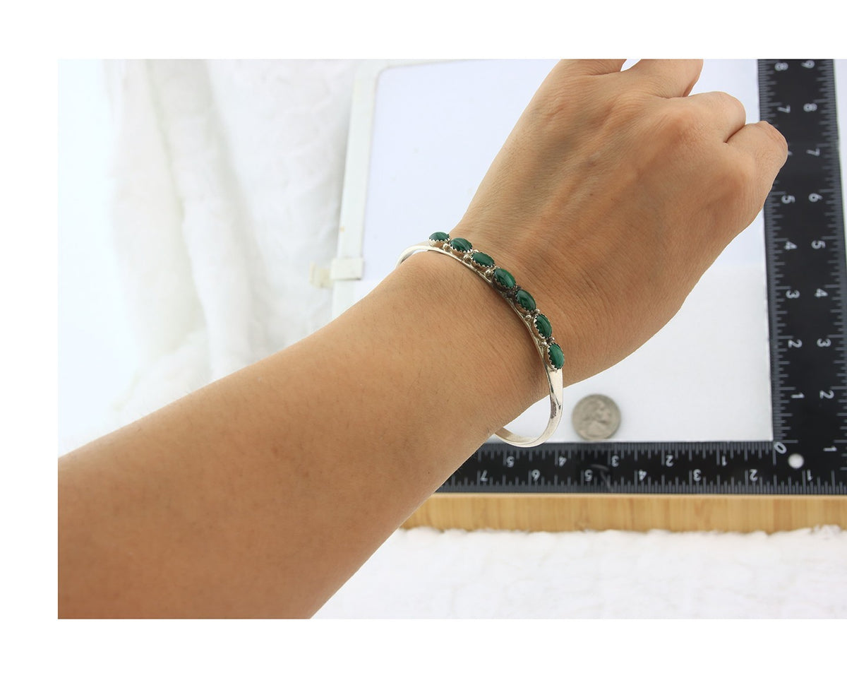 Navajo Cuff Bracelet Sterling Silver Natural Malachite Vintage Signed AL