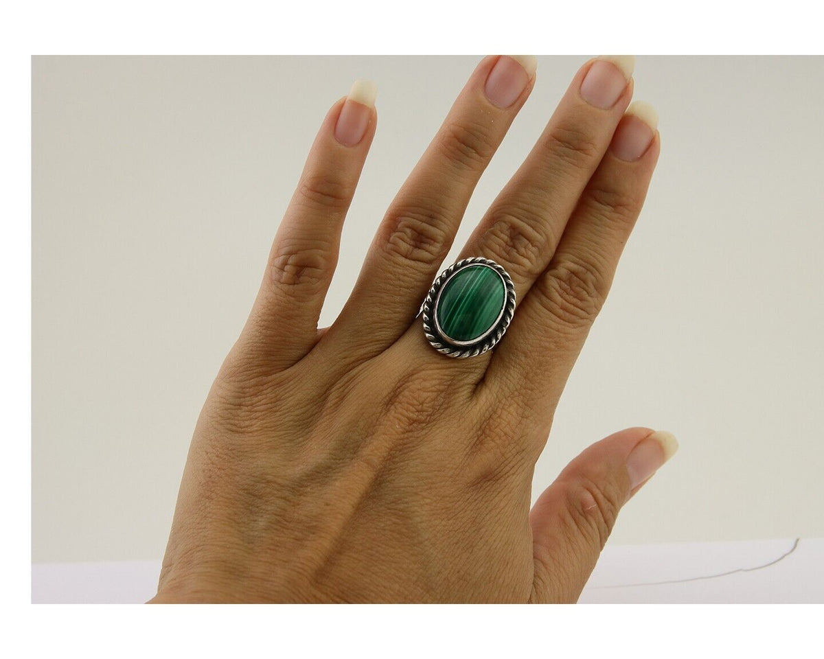 Navajo Ring 925 Silver Natural Malachite Native American Artist C.80's