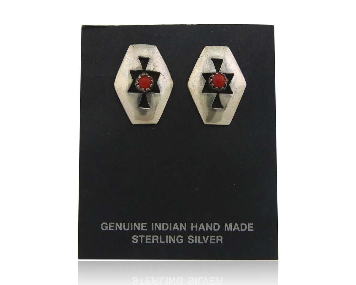 Navajo Earrings 925 Silver Natural Coral Native American Artist C.80's