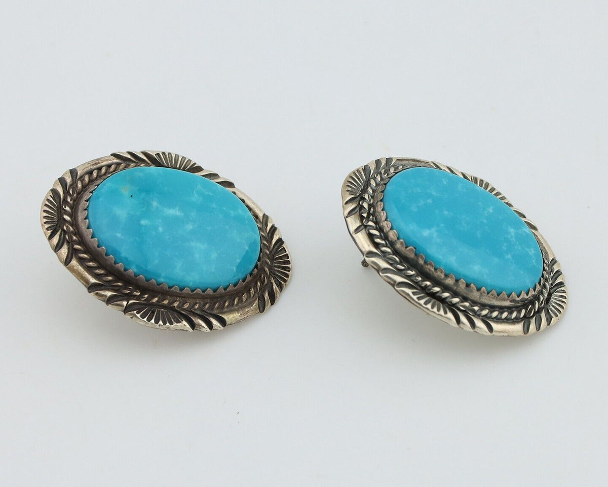 Navajo Earrings 925 Silver Kingman Turquoise Signed M Begay C.80s