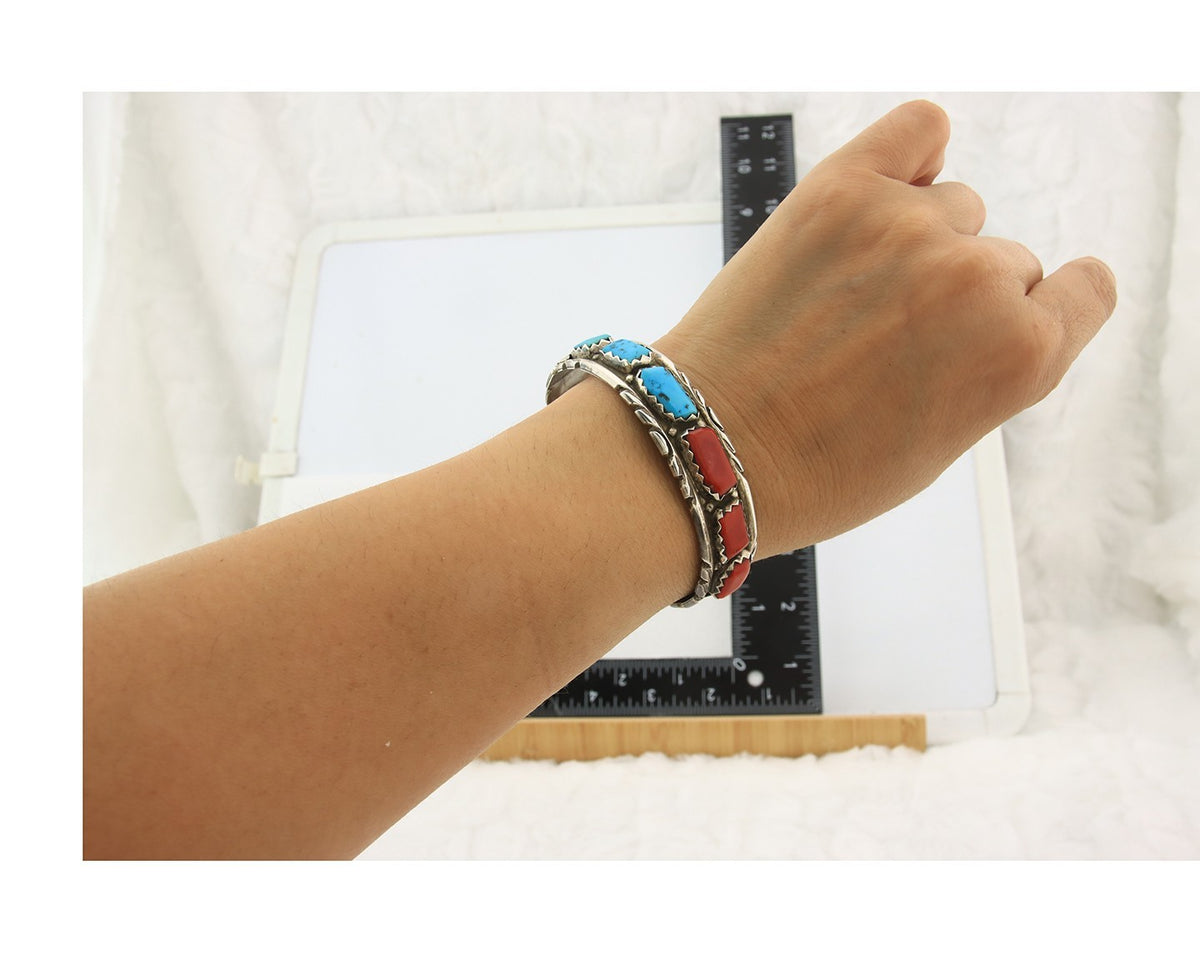 Zuni Cuff Bracelet Sterling Silver Natural Coral & Turquoise Signed Cheama