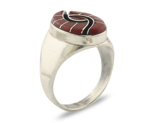 Vintage Zuni Ring Sterling Silver Authentic Coral Signed Amy Size 11.25