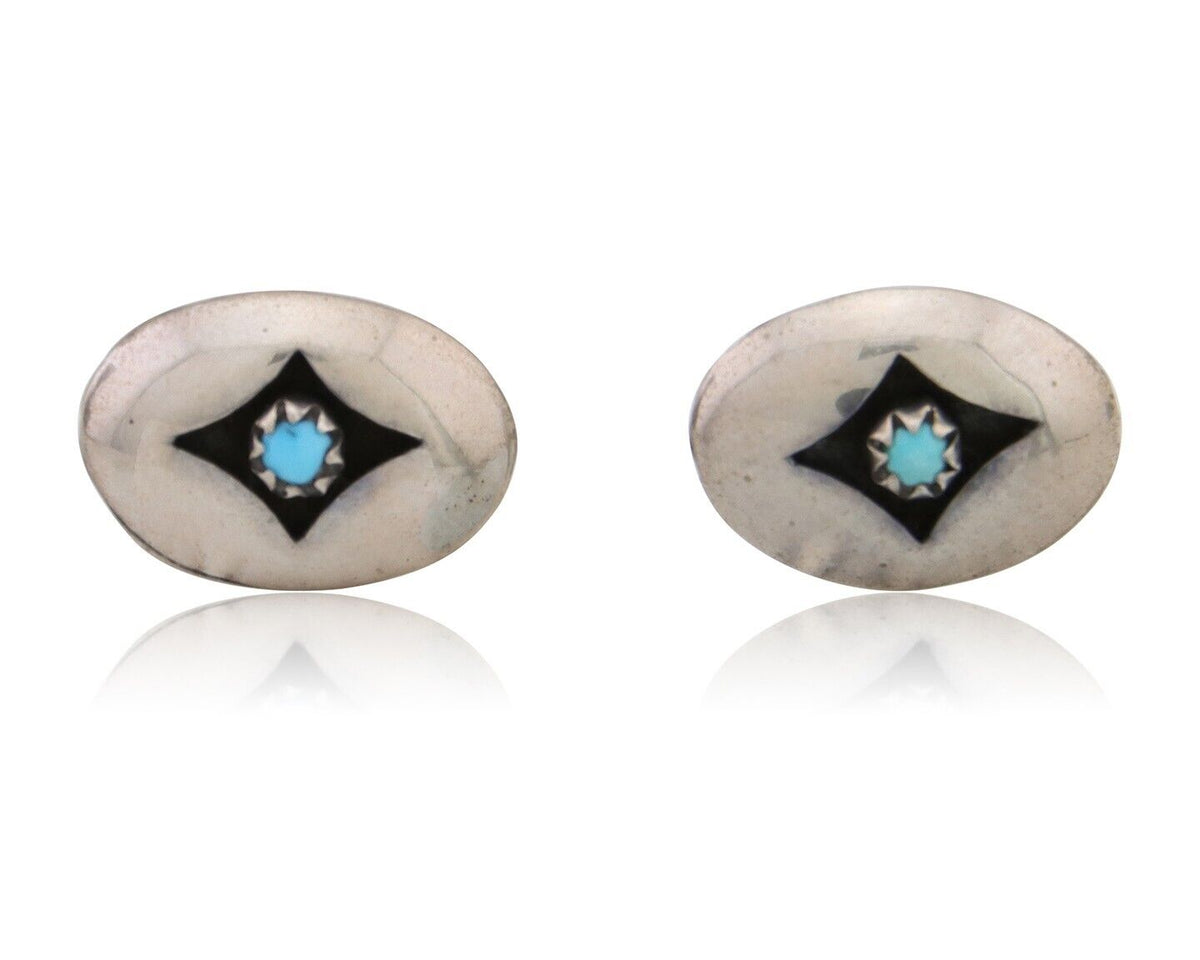 Navajo Shield Earrings 925 Silver Natural Turquoise Native American Artist C.80s