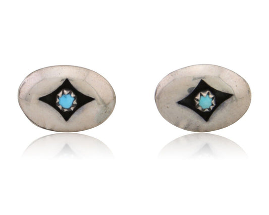 Navajo Shield Earrings 925 Silver Natural Turquoise Native American Artist C.80s