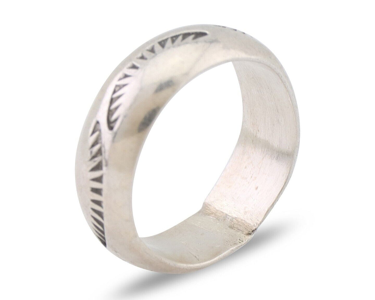 Navajo Hand Stamped Band 925 Silver 6.0 mm Signed Larry Chavez Size 5.0 C.80's