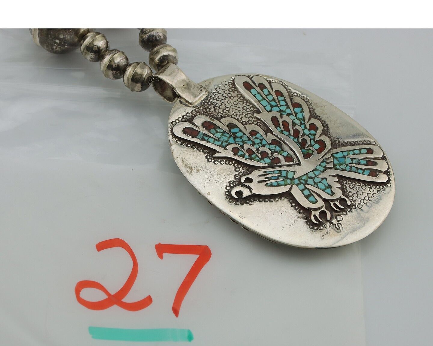 Navajo Reversable Inlay Necklace 925 Silver Turquoise & Coral Signed SD C.80's