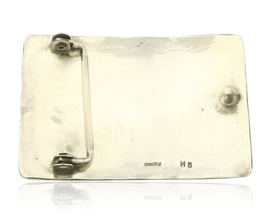 Vintage Navajo Belt Buckle 925 Silver Handmade Inlaid Gemstone Signed HB