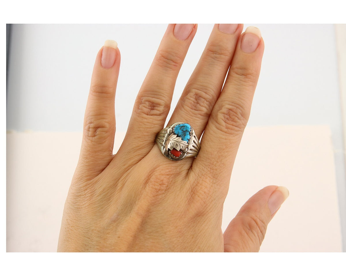 Navajo Ring 925 Sterling Turquoise & Coral Native Artist C.80's Size 9.25