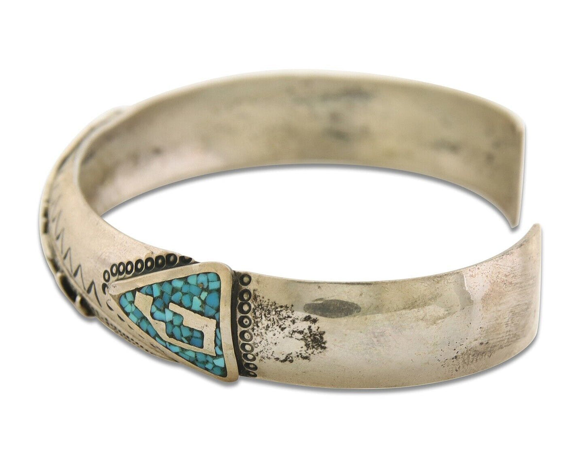 Navajo Bracelet 925 Silver Inlaid Turquoise Cuff Native American Artist C.80's