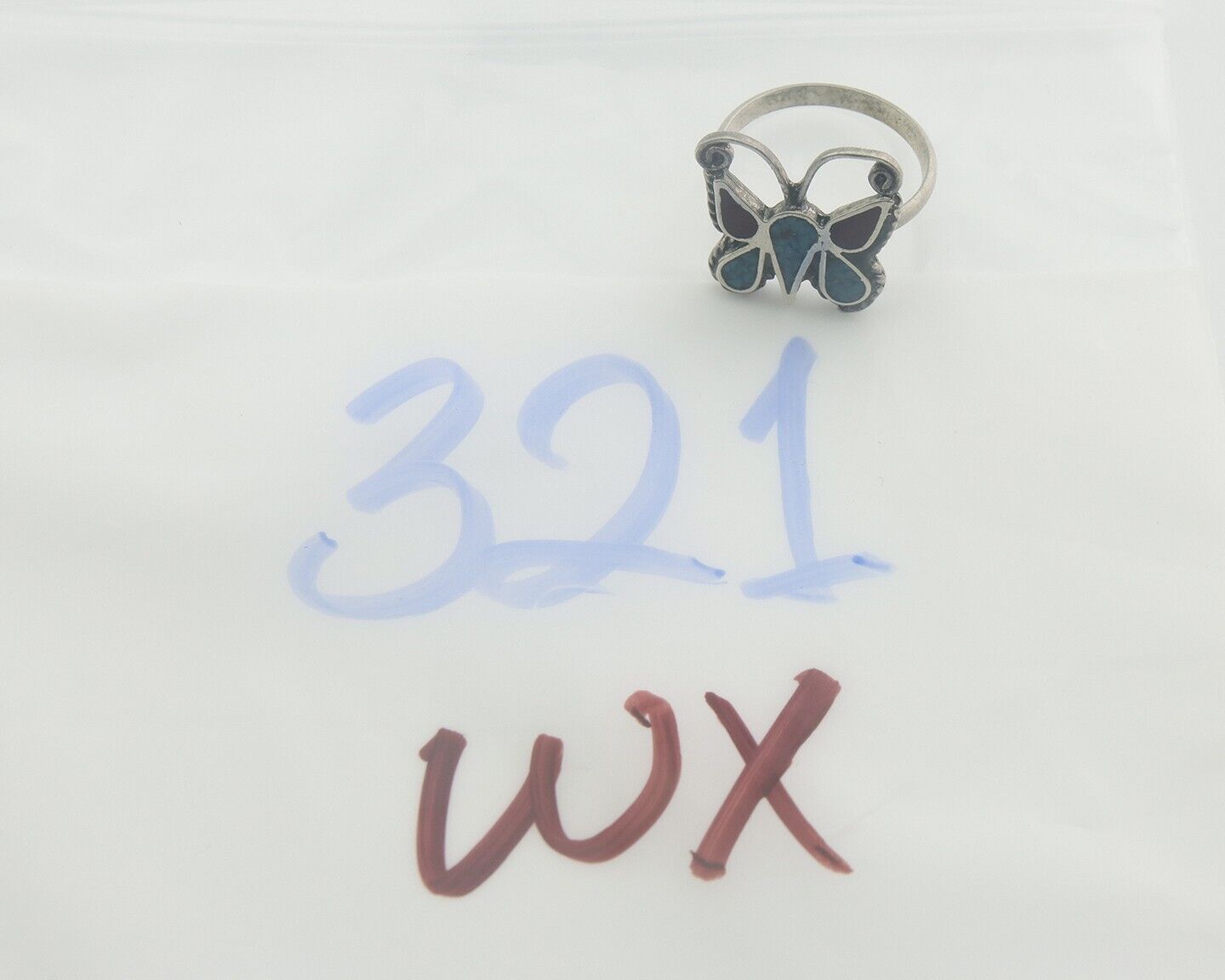 Navajo Ring 925 Silver Inlaid Butterfly Turquoise & Coral C.80's Size 5.5