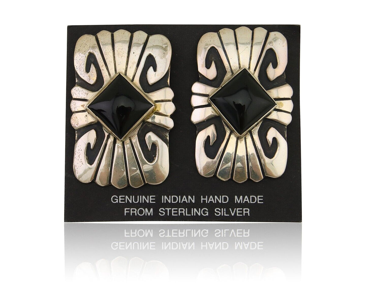 Navajo Handmade Earrings 925 Silver Onyx Artist Signed Thomas Singer C.70's