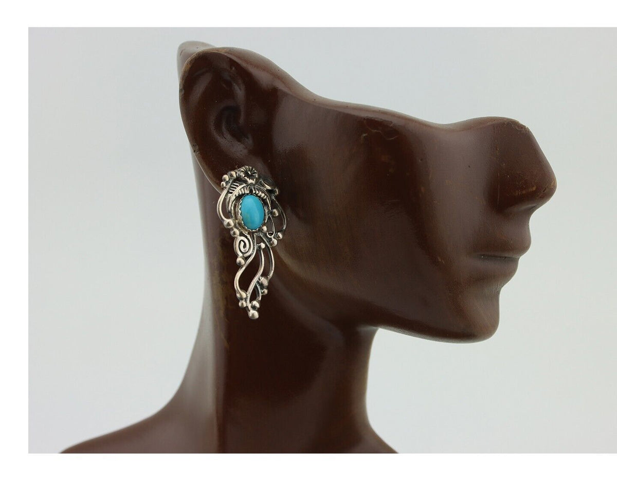 Navajo Earrings 925 Silver Natural Blue Turquoise Native American Artist C.80s