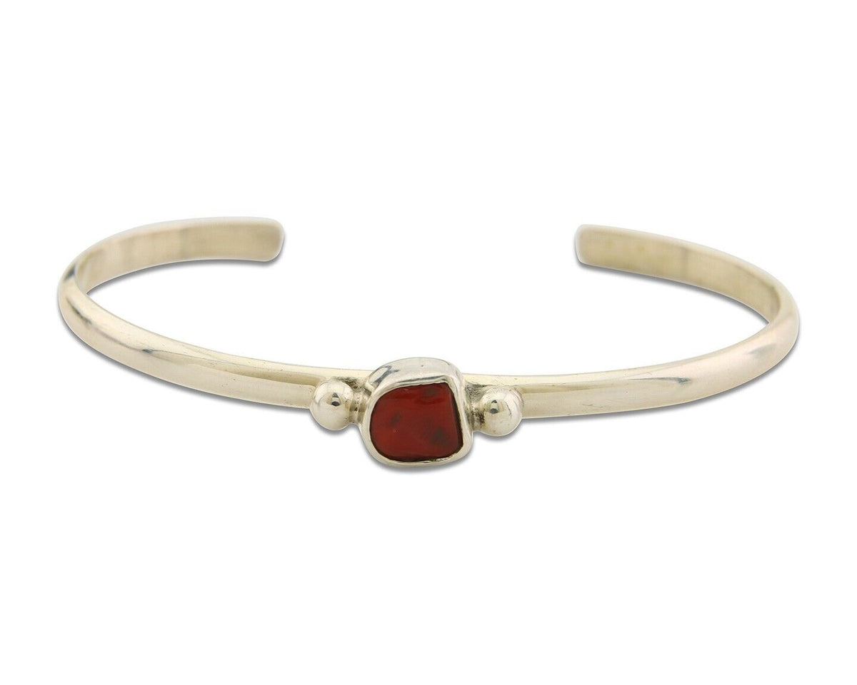 Navajo Bracelet .925 Silver Natural Red Coral Cuff Native American Artist C.80's