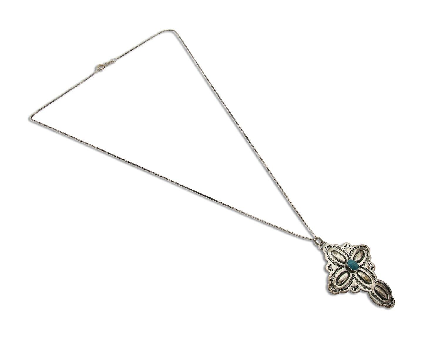 Navajo Cross Hand Stamped Necklace 925 Silver Turquoise Artist Signed JRS C.80's