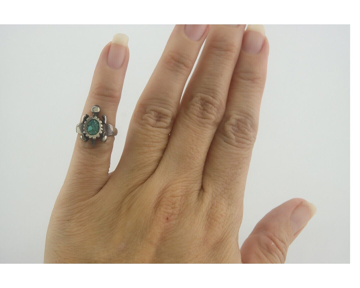 Navajo Toe Ring 925 Silver Inlaid Turtle Turquoise C.80's Size 1.5